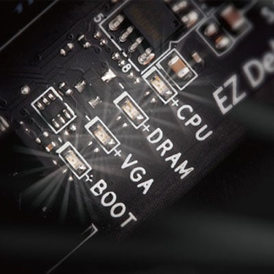 Closeup of four LED indicators, from top to bottom are marked: CPU, DRAM, VGA, Boot