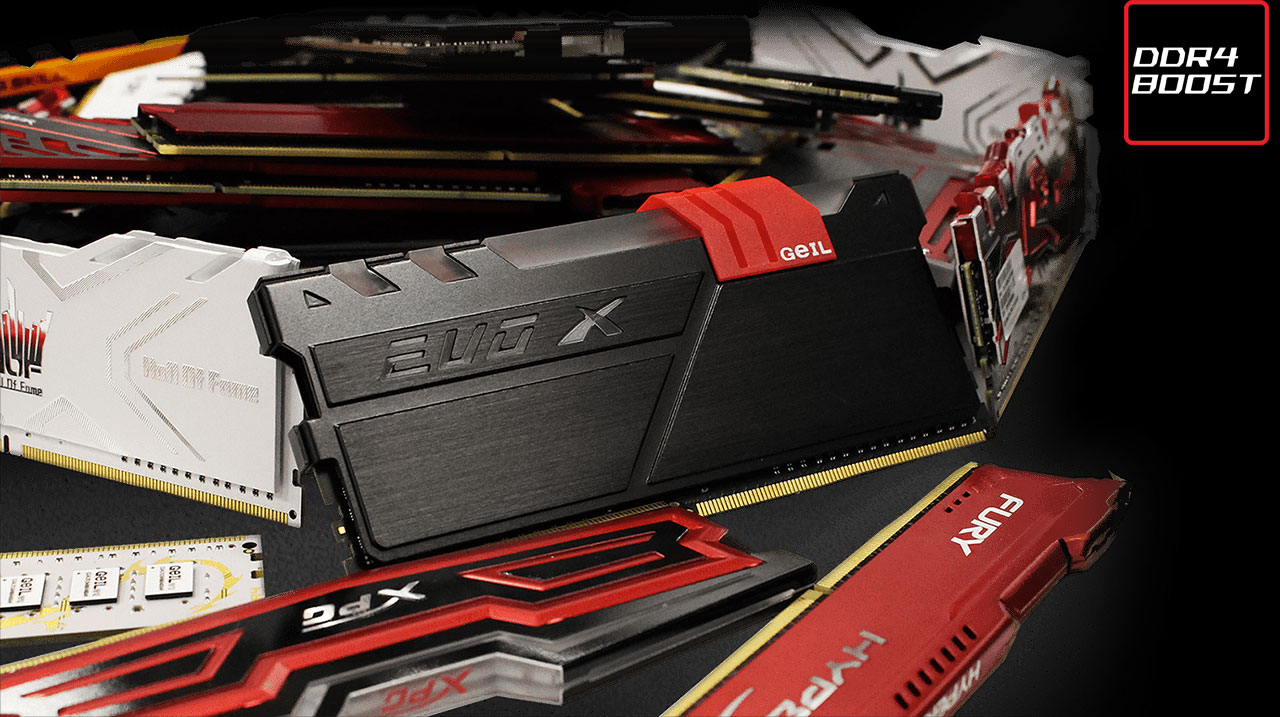 A gathering of memory modules from various brands, with a logo of DDR4 Boost at the top right corner