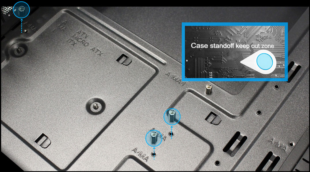 Motherboard tray with standoff mounted. At the top right is a back of a motherboard with texts reading as “case standoff keep out zone”