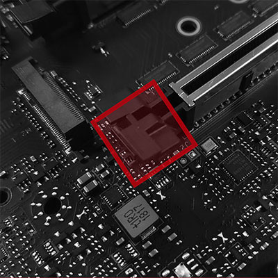 A PCIe x16 slot on a motherboard, with a large clip highlighted