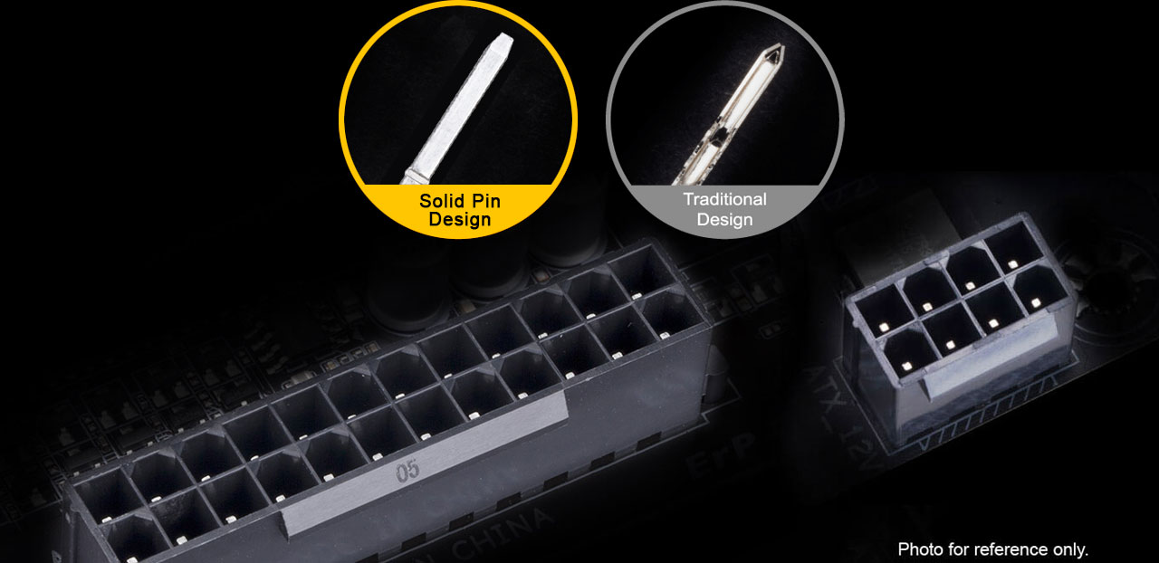 Closeup of the 24-pin & 8-pin connectors on the motherboard, with closeup of solid pin design and traditional design above them