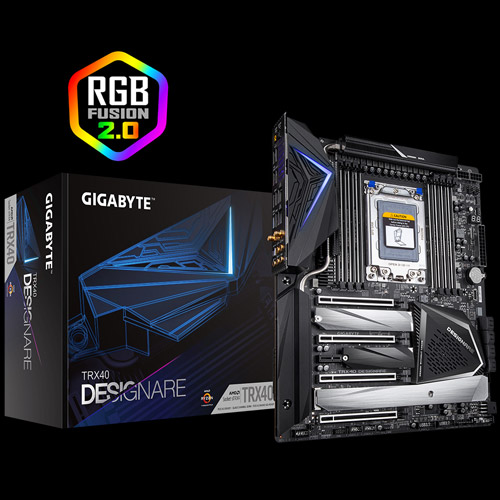 TRX40 AORUS PRO WIFI Motherboard Next to Its Product Box and the RGB FUSION 2.0 Badge
