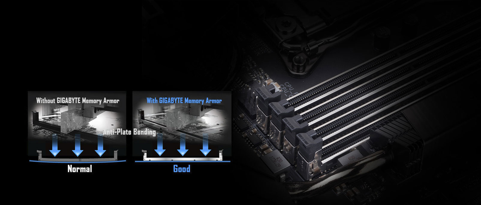 one image splited into two, showing different between with gigabyte memory armor and without
