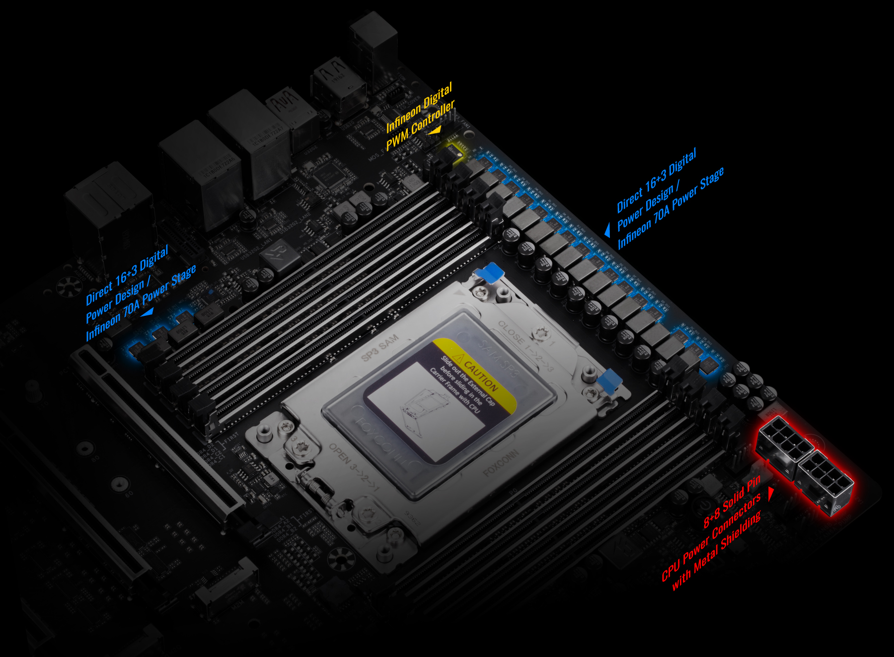 powerdesign, four parts of motherboard, 8 Solid pin cpu power connector,12*+2 Phases Digital Power Design, DrMos, Intersil Digital PWM Controller