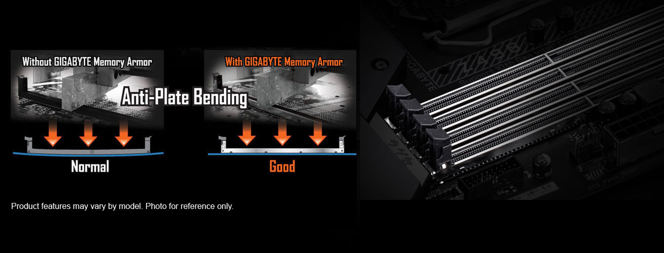 one image splited into two, showing different between with gigabyte memory armor and without
