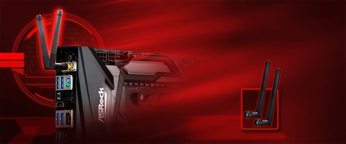 ASRock X470 Motherboard's Antennas Plugged into the I/O Area