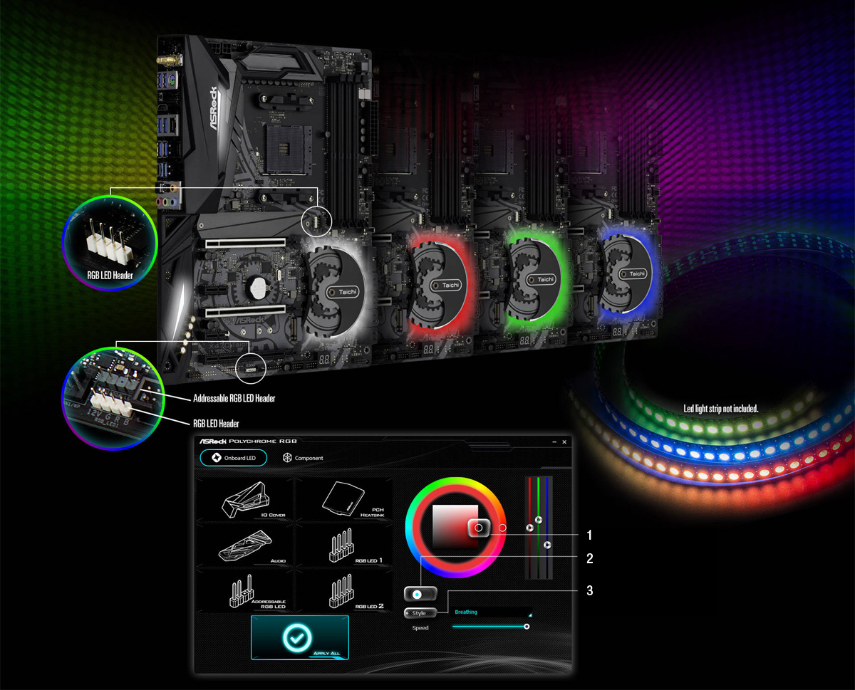 ASRock X470 Motherboards Lined Up to the Right with Closeups of the RGB LED Headers, Some LED Strips and the ASRock Customization Software Window