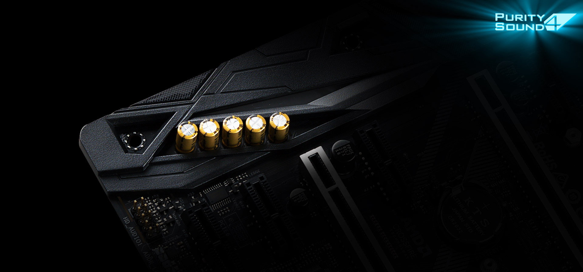Audio Capacitors on the ASRock z390 motherboard next to the Purity Sound 4 Logo