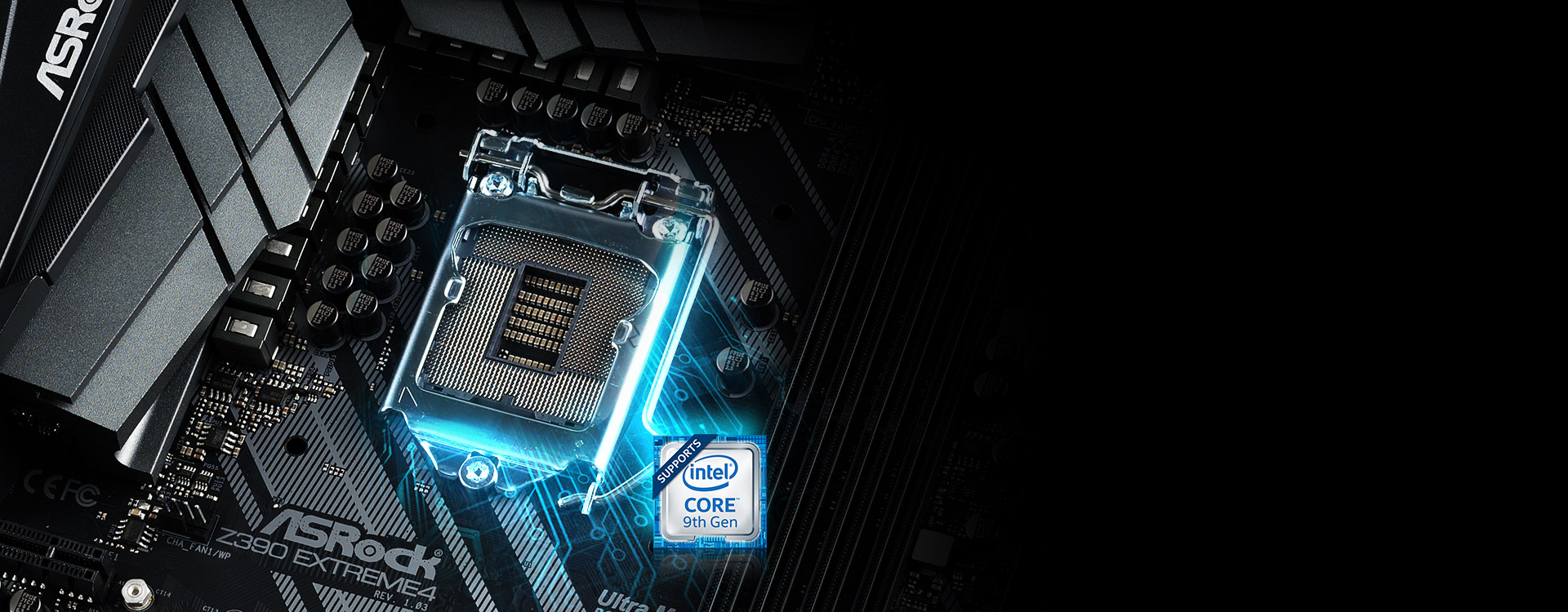 Closeup of the ASRock z390 CPU socket area