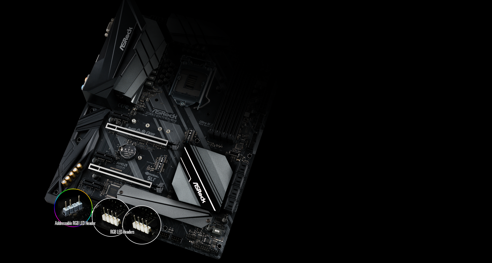 ASRock z390 motherboard with closeups of the RGB LED headser and alternative RGB LED header
