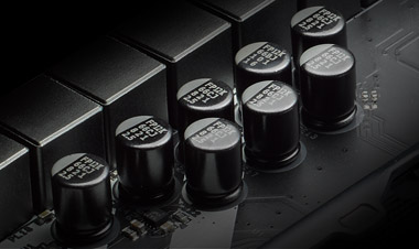 Closeup of the ASRock z390 motherboard's combo caps