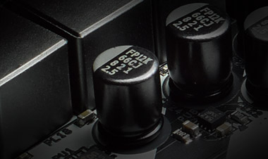 Closeup of the ASRock z390 motherboard's nichicon 12K black caps