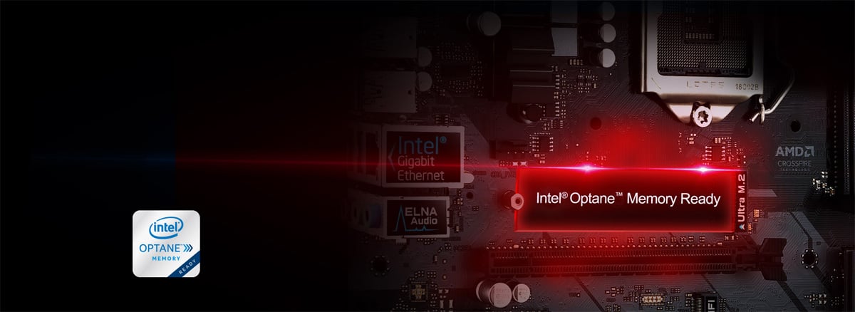 Closeup red graphic highlight of the intel optane memory slot on the ASrock z390 motherboard