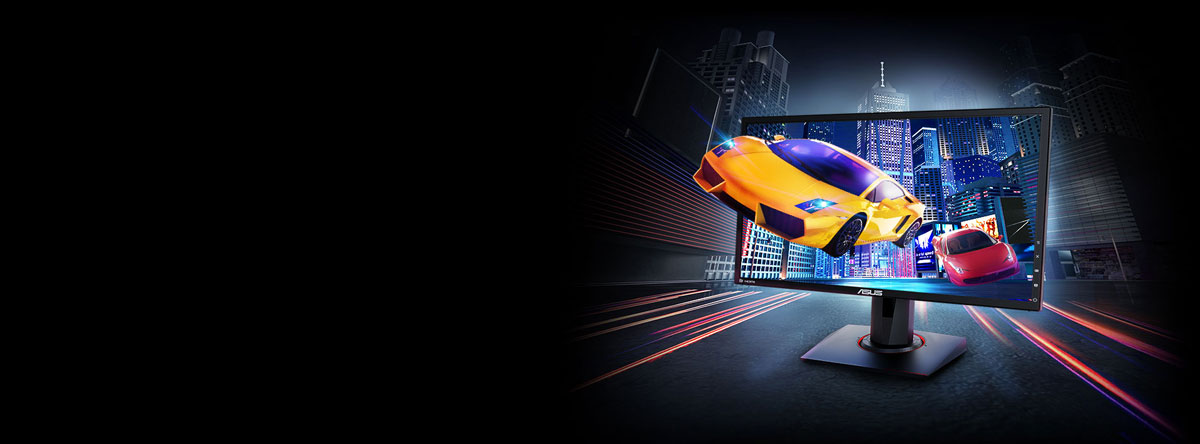 An ASUS FreeSync monitor with two cars racing out of the screen