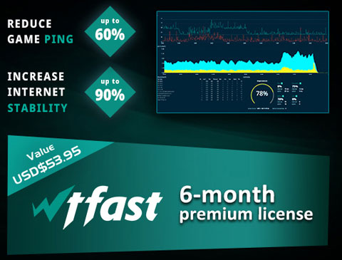 wtfast banner showing the graphical UI and text that reads 6-month premium license value USD$53.95