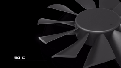 Gif animation showing the fan stops and spins based on temperature