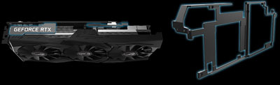 At the left part of this picture is top view of the graphics card facing front. At the right is the frame of this card