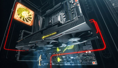 A graphics card mounted on a motherboard in a computer case, with red lines illustrating fans connected the graphics card
