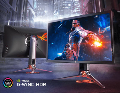 Front and rear view of ASUS gaming monitors, with logos of Asus Aura Sync and G-sync HDR