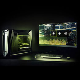 A NVIDIA GPU powered gaming rig on a desk, including a desktop, a monitor, a keyboard, and a mouse
