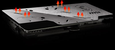 The rear of this card facing up, with illustration showing hot air dissipated from the holes