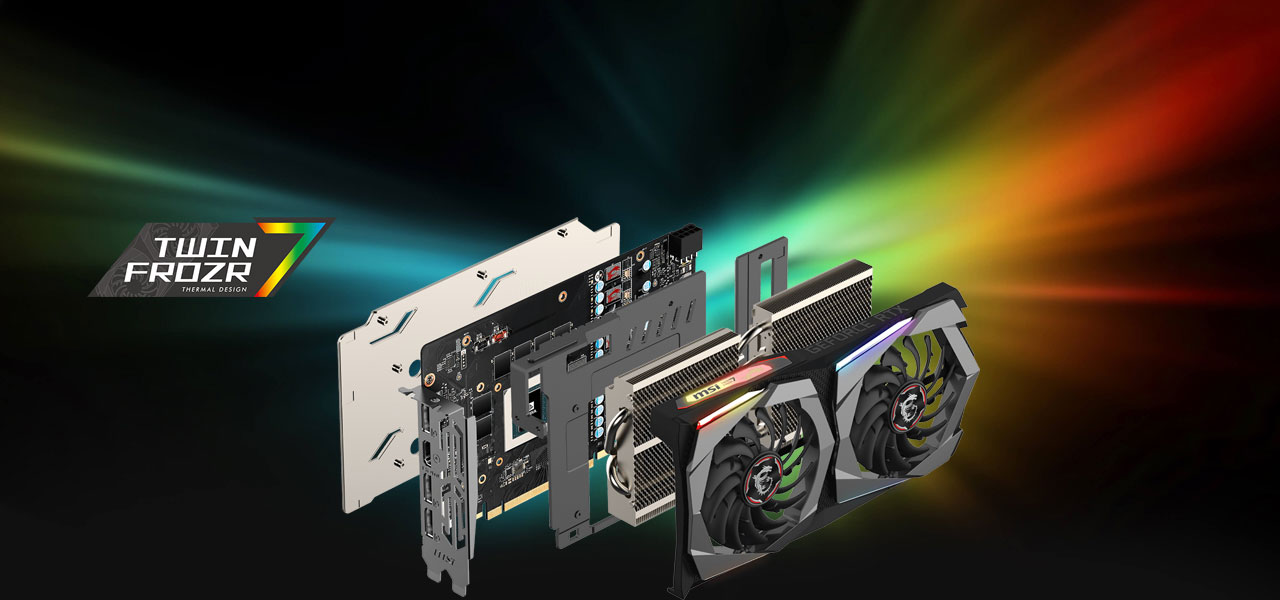 Teardown of this card, with a logo of Twin Frozr 7 on the left. The background is beautiful aurora-like lighting