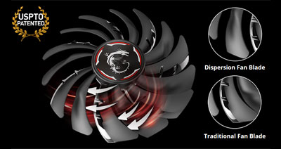 Top view of the fan, with closeup of dispersion fan blade and traditional fan blade