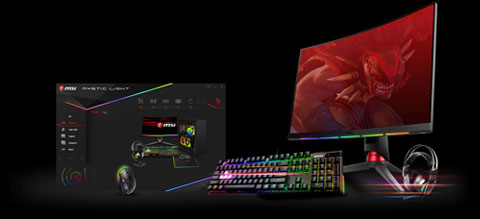 A monitor, a keyboard and a headset on display, all are GGB-lit. Next to them on the left is a utility screenshot