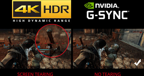 Two game scene for comparison between screen tearing and no tear. Above the two screenshots are logo of 4K HDR and logo of NVIDIA G-Sync