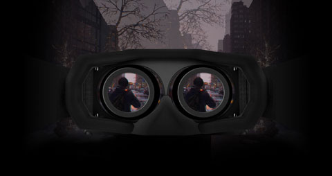 A game scene looked through a VR headset