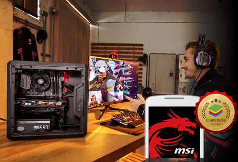 A player streaming live on a gaming PC, with a phone displaying MSI logo on the screen