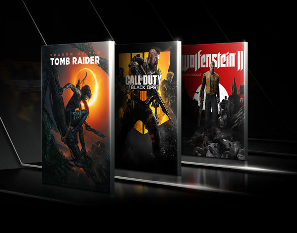 three game boxes, Tomb Raider, Wolfenstein and Call of Duty
