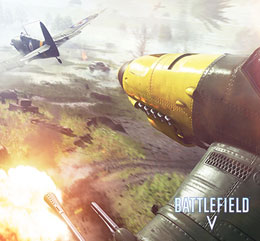 Two WWII fighter aircrafts flying over sea, with vessels in the background, and texts at the bottom right reading as Battlefield V