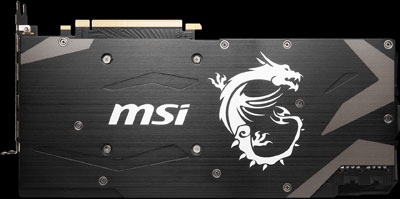 Rear of this graphics card, showing a back plate with MSI brand and dragon logo