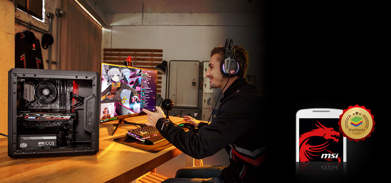 A player streaming live on a gaming PC. At the bottom right is a phone with screen displaying logo of MSI Dragon