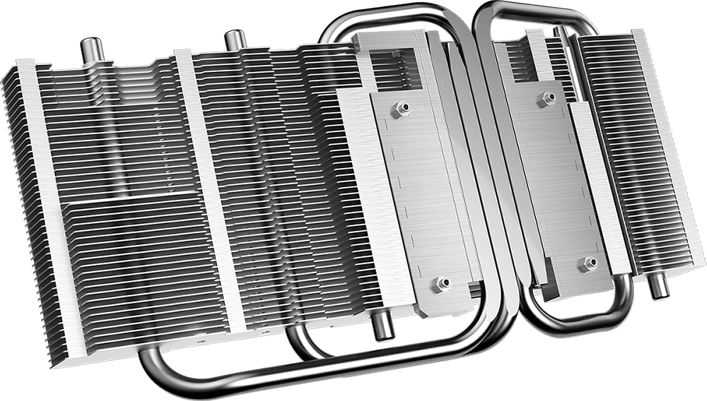 The rear of the heat sink, consisting of fins, heat pipes, and base plate