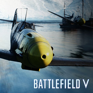 Two WWII fighter aircrafts flying over sea, with vessels in the background, and texts at the bottom right reading as Battlefield V