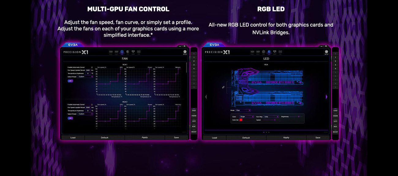 Two Precision X1 software windows showing the Multi-GPU fan control and the RGB LED control. There is text that reads: Multi-GPU Fan Control - Adjust the fan speed, fan curve, or simply set a profile. Adjust the fans on each of your graphics cards using a more simplified interface. RGB LED - All-new RGB LED control for both graphics cards and NVLink Bridges.