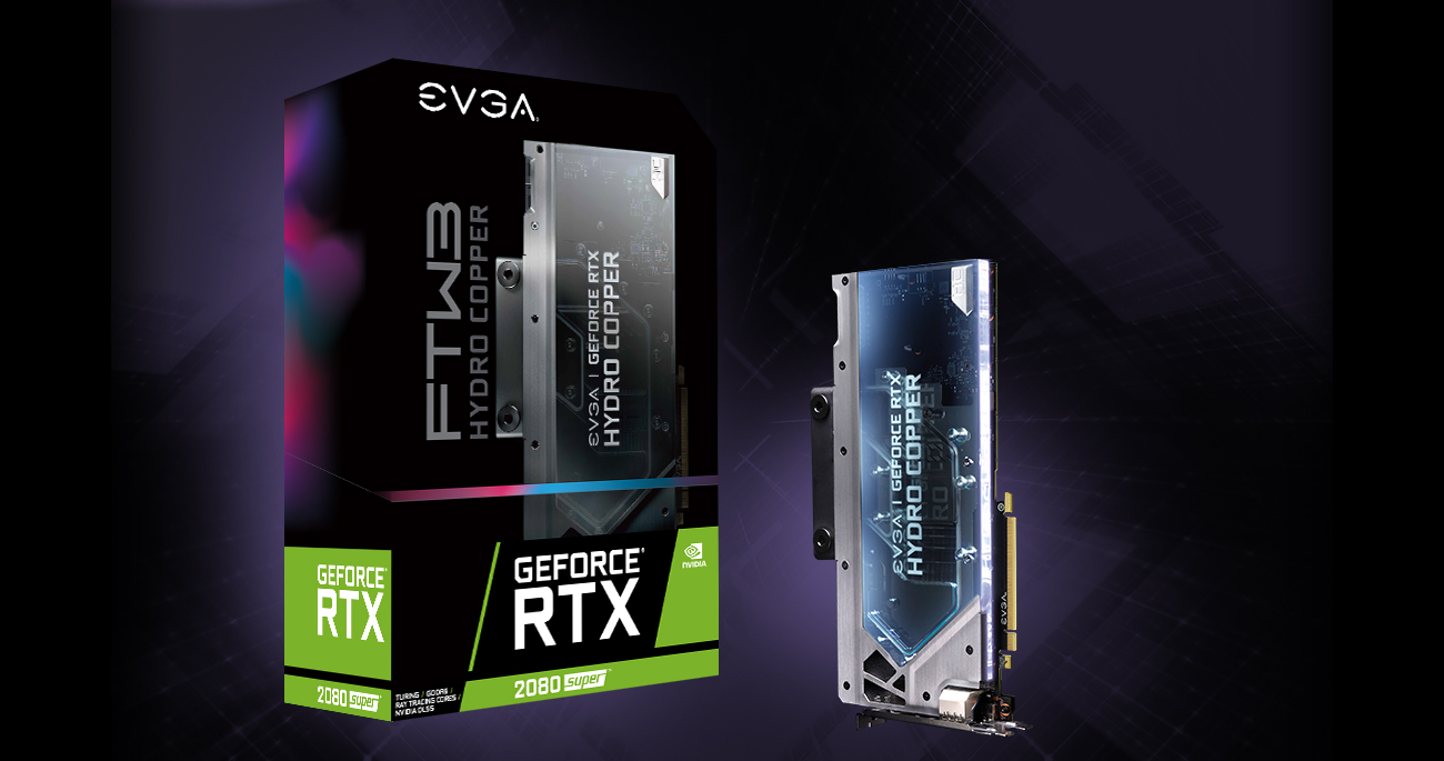 EVGA GEFORCE RTX 2080 SUPER FTW3 HYDRO COPPER Graphics Card Standing Up Next to Its Product Box