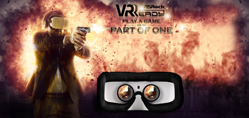 ASRock VR Ready ad showing a VR headset and a suited man wearing the VR headset pointing a handgun in front of an image-wide explosion