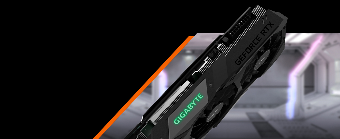 GIGABYTE GV-N208TWF3OC-11GC Graphics Card Side View, Angled Down to the Left