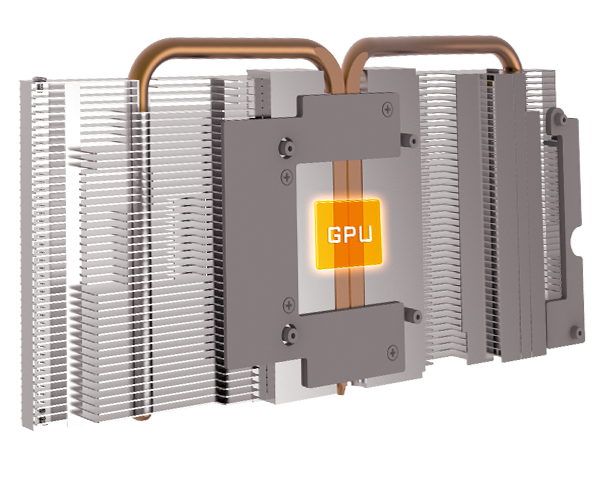 The GIGABYTE GV-N208TWF3OC-11GC graphics card's heat sink and heat pipes surrounding the GPU