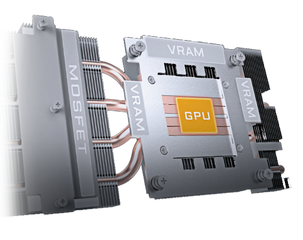 An image shows a large copper base plate with the high light word: MOSFET, VRAM, GPU