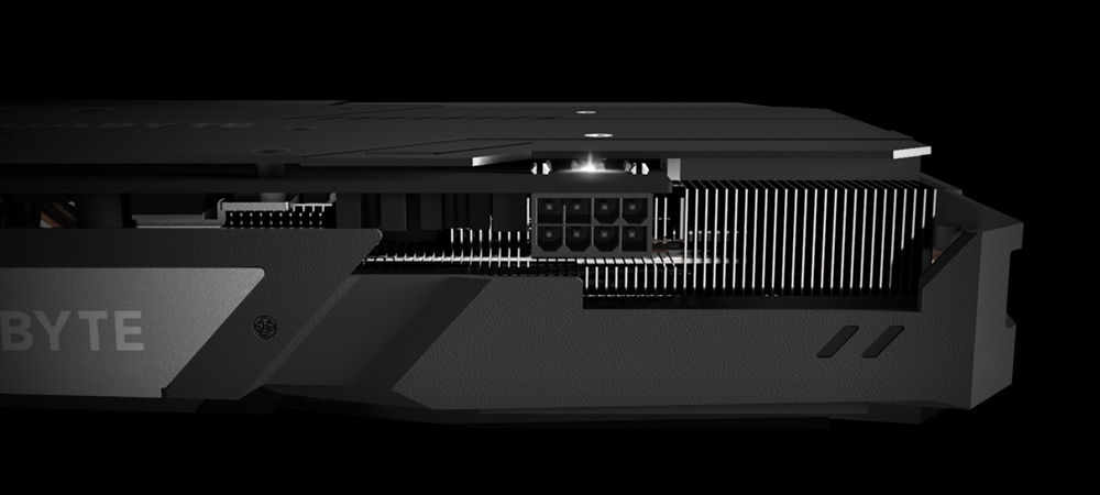 The side of GeForce® RTX 2060 SUPER™ WINDFORCE OC 3X 8G Graphics Card with flashing light