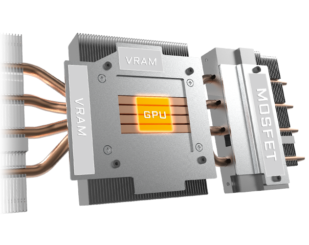 An image shows a large copper base plate with the high light word: MOSFET, VRAM, GPU