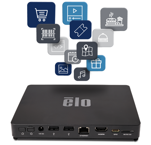 Elo Backpack Facing Forward, Angled Down Slightly Below Several Icons Representing the Product's Different Functions
