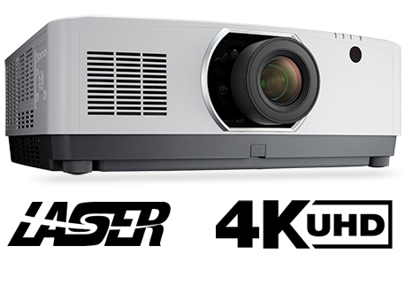 NEC NP-PA653UL WUXGA Projector angled to the right, above the LASER and 4K UHD logos