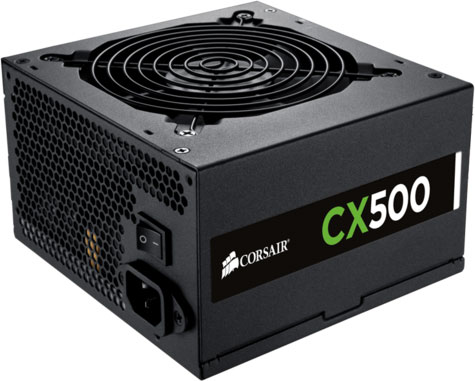 Corsair CX500 power supply facing slightly to the right
