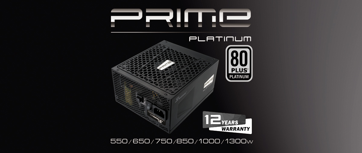 Seasonic USA Platinum Power Supply with the 80 PLUS PLATINUM Badge, 12 Years Warranty Badge and Text That Reads: 550 / 650 / 750 / 850 / 1000 / 1300W