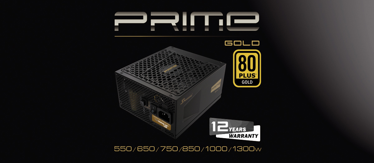 Seasonic USA Platinum Power Supply with the 80 PLUS GOLD Badge, 12 Years Warranty Badge and Text That Reads: 550 / 650 / 750 / 850 / 1000 / 1300W